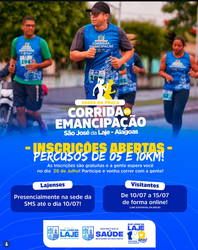 Corrida da Emancipação abre inscrições gratuitas para provas de 5 km e 10 km em São José da Laje